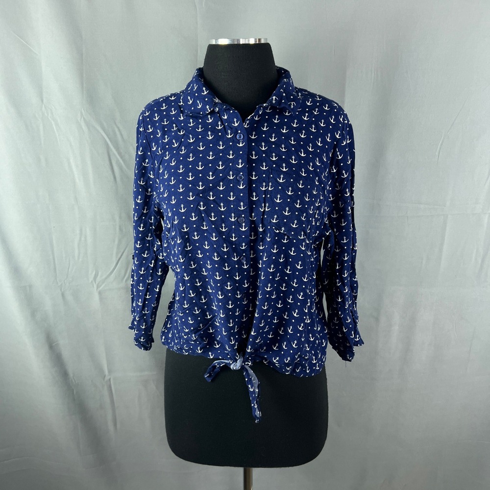 Grand & Greene Shirt Womens Medium Navy Blue Anchor Print Front Tie Button Up